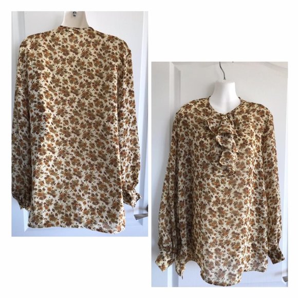 Vintage Ivory Chiffon Ruffle Blouse Brown Calico Floral Print Eaton Pursuits - Picture 3 of 4